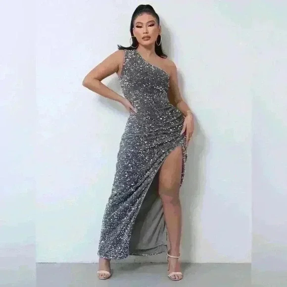 One Shoulder Sequin Sparkle High Slit Wrap Formal Evening Dress Silver S - Picture 2 of 12